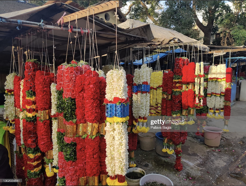 Rose garlands on display for sale in Bengaluru market